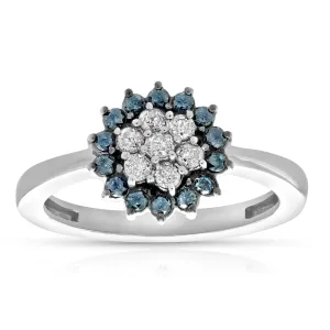 1/2 cttw Blue and White Diamond Flower Ring in 10K White Gold