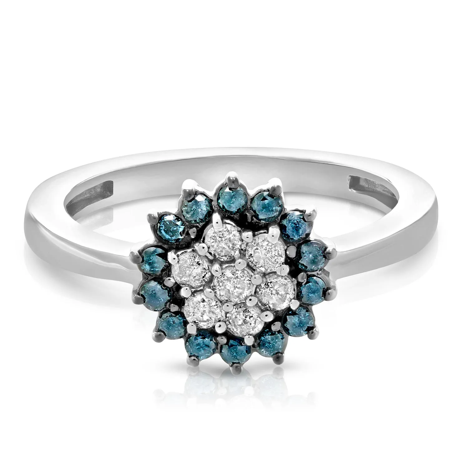 1/2 cttw Blue and White Diamond Flower Ring in 10K White Gold
