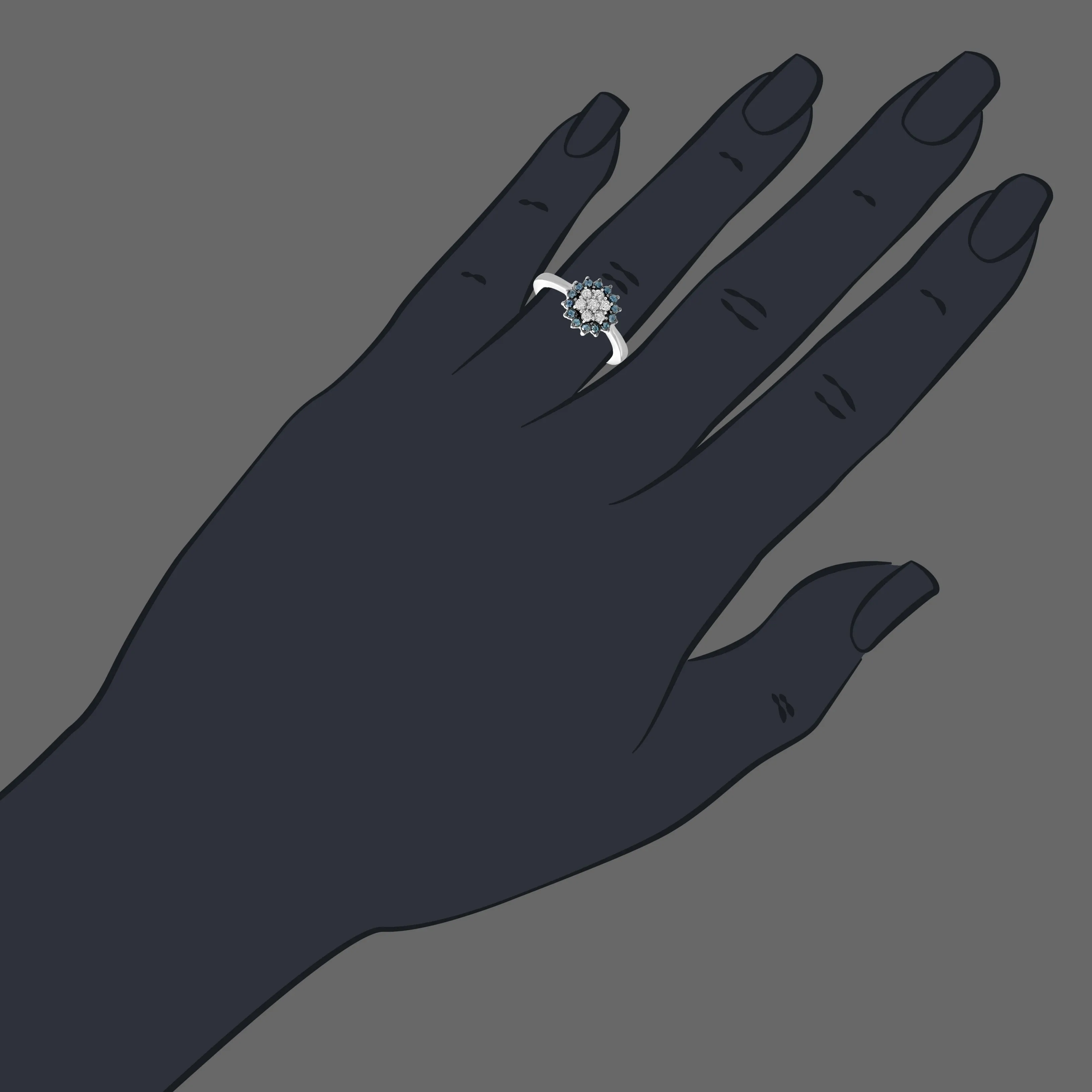 1/2 cttw Blue and White Diamond Flower Ring in 10K White Gold