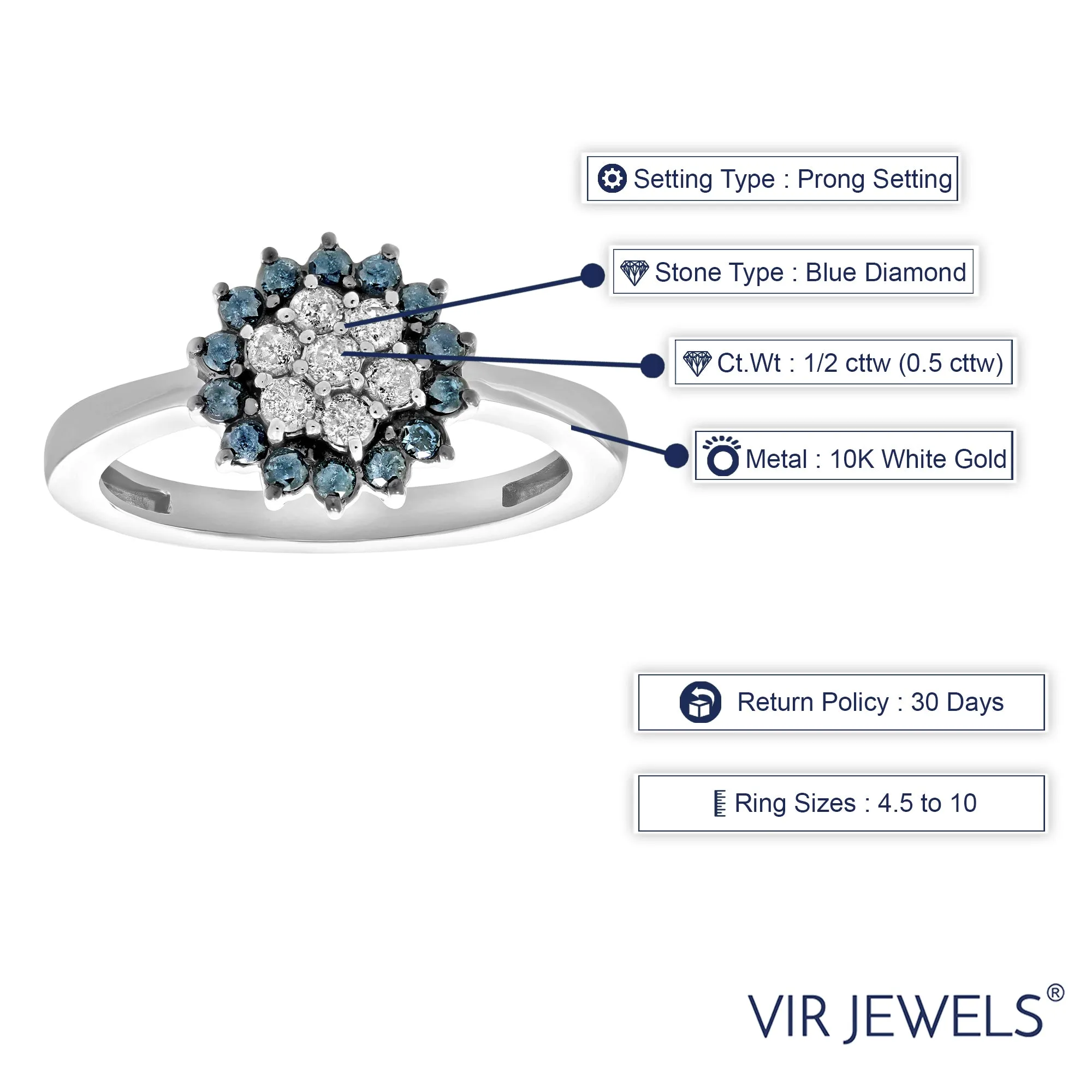 1/2 cttw Blue and White Diamond Flower Ring in 10K White Gold