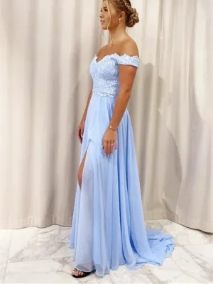 A Line Blue Chiffon Lace Long Prom Dresses, Off Shoulder Blue Chiffon Lace Long Formal Evening Dresses