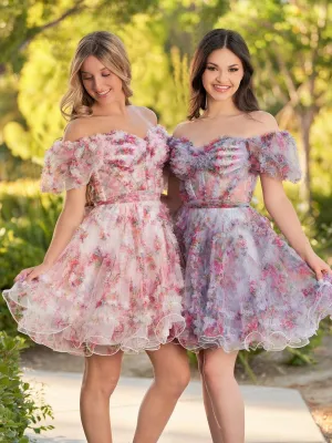 A-line Off the Shoulder Printed Tulle Short Homecoming Dresses