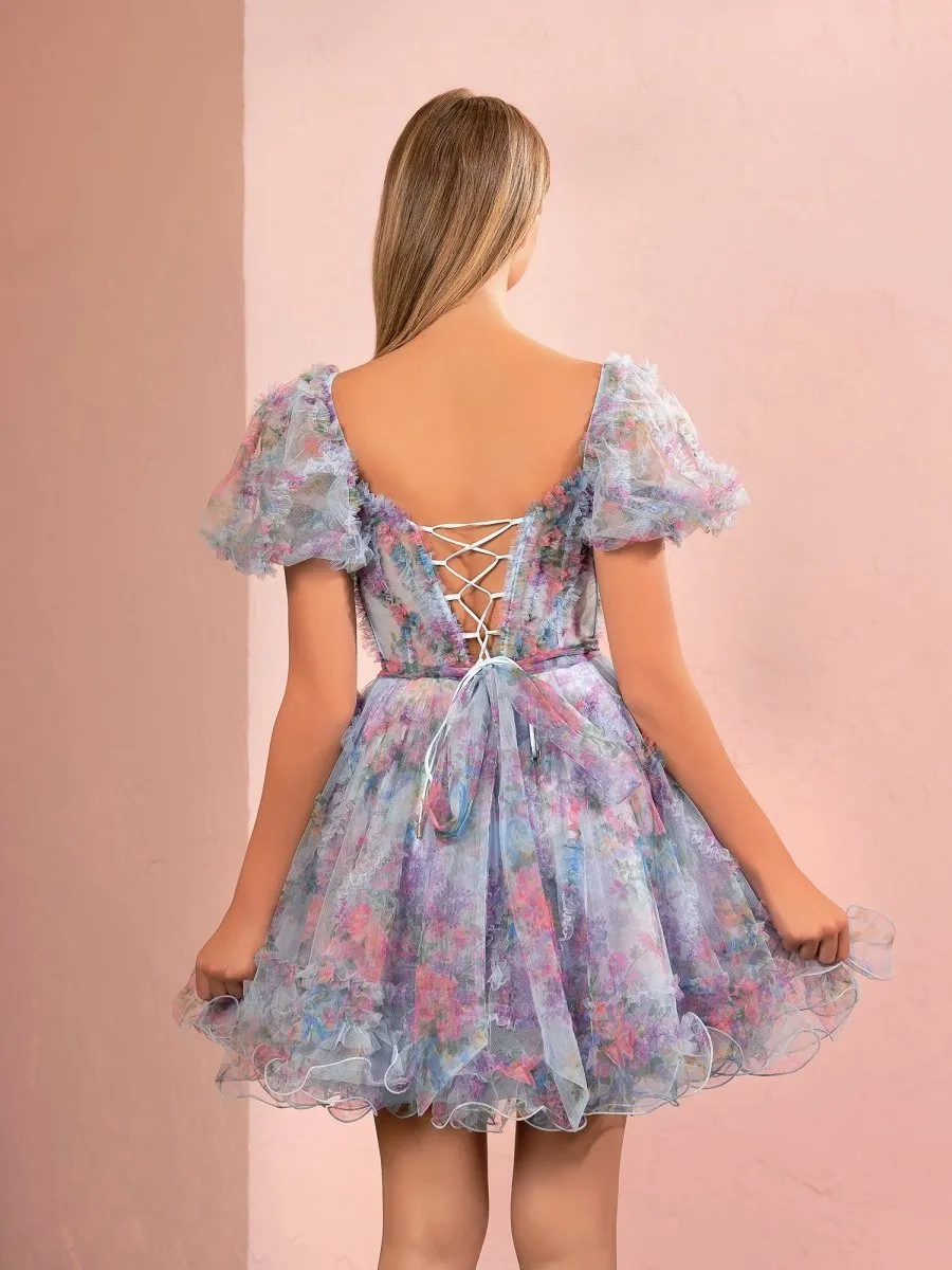 A-line Off the Shoulder Printed Tulle Short Homecoming Dresses