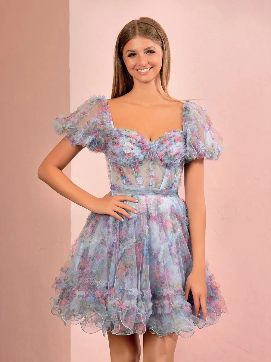 A-line Off the Shoulder Printed Tulle Short Homecoming Dresses