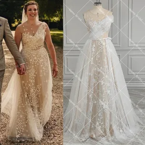A Line Stars Unique Ruched Tulle Sheath Wedding Dress Customized Illusion Back Rustic Sleeveless Maxi Starry Bridal Gowns