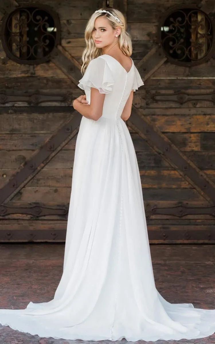 A-line V-neck Chiffon Floor-length Brush Train Short Sleeve Wedding Dresses with Ruffles
