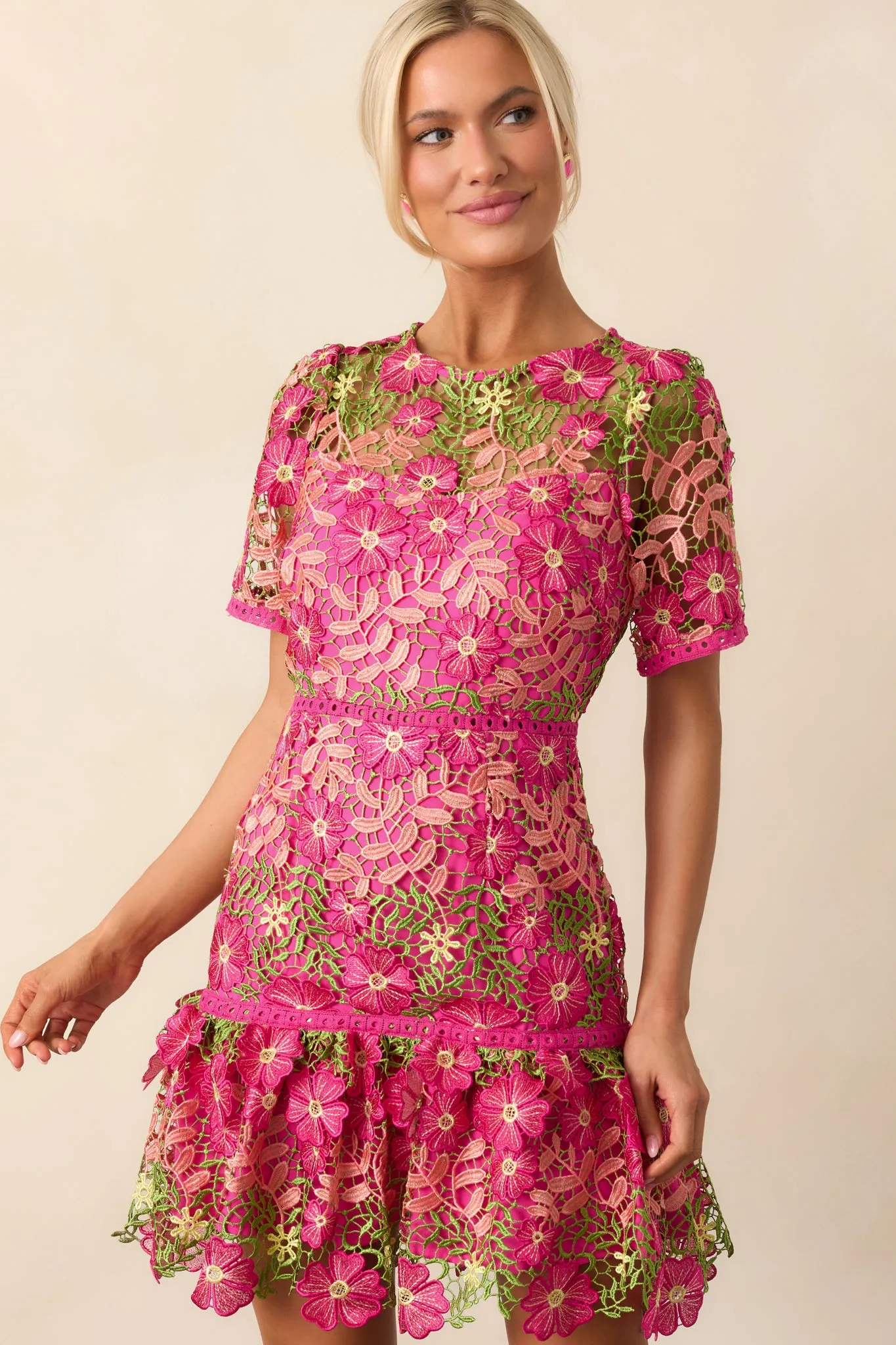 A Work Of Art Magenta Pink Floral Embroidered Mini Dress