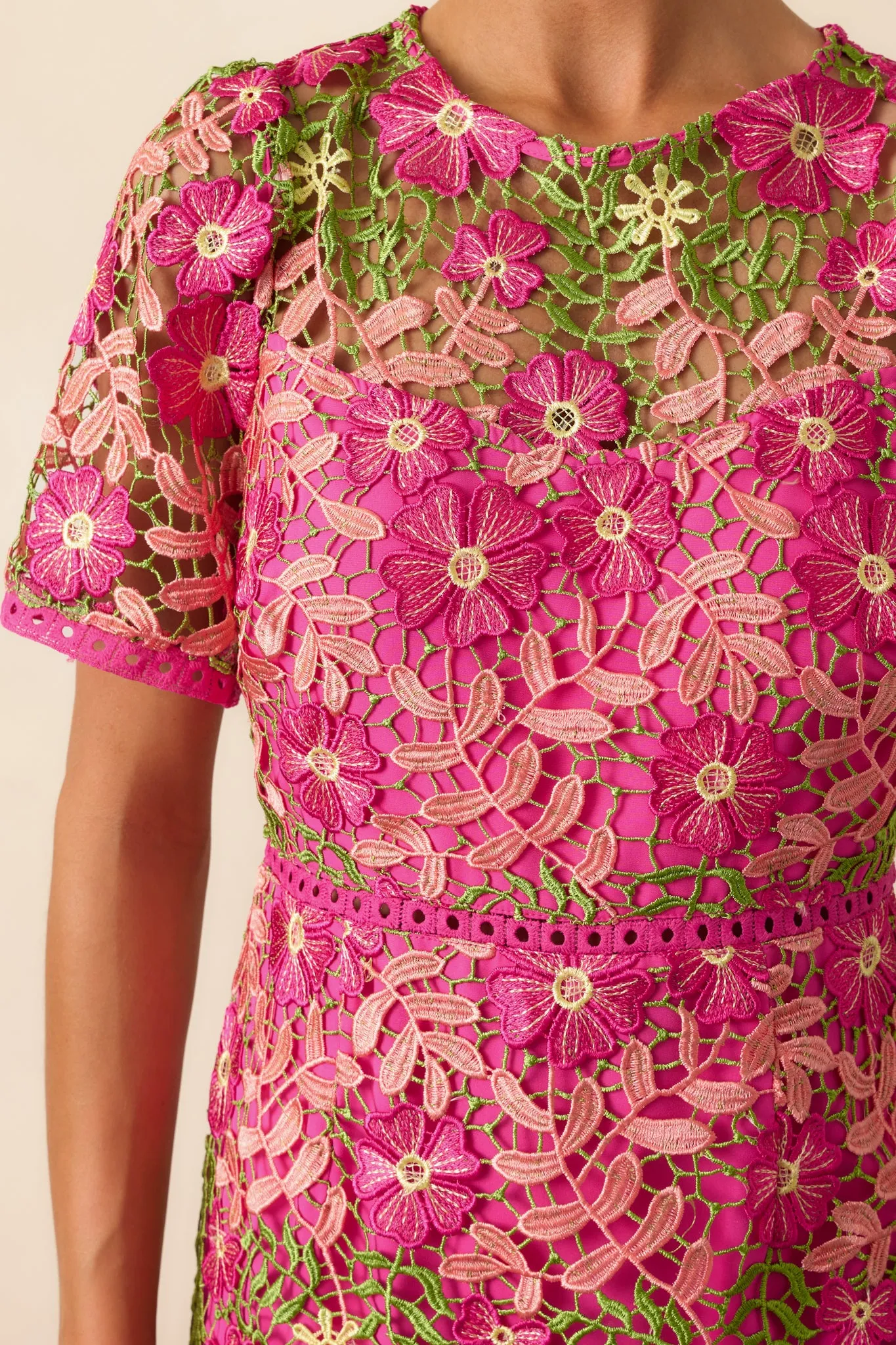 A Work Of Art Magenta Pink Floral Embroidered Mini Dress