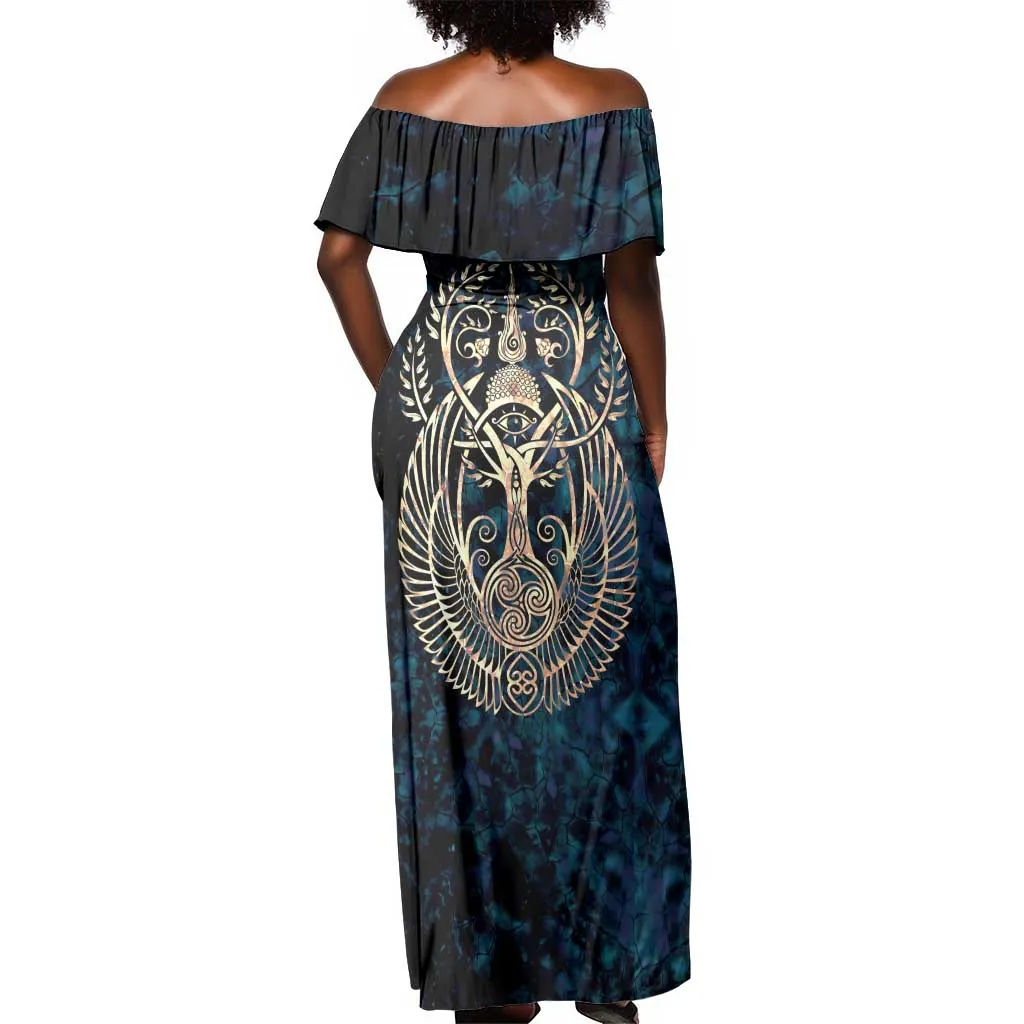 Adinkra Symbols Off Shoulder Maxi Dress Tree of Life DT02