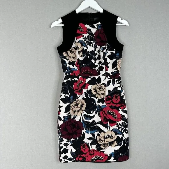 Adrianna Papell Womens Dress 4 Petite Black Floral Sheath Cocktail Office Work