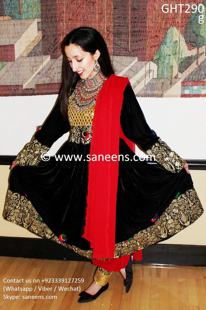 Afghan Clothes In Black Velvet With Golden Lace
