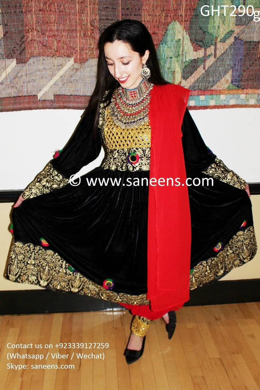 Afghan Clothes In Black Velvet With Golden Lace