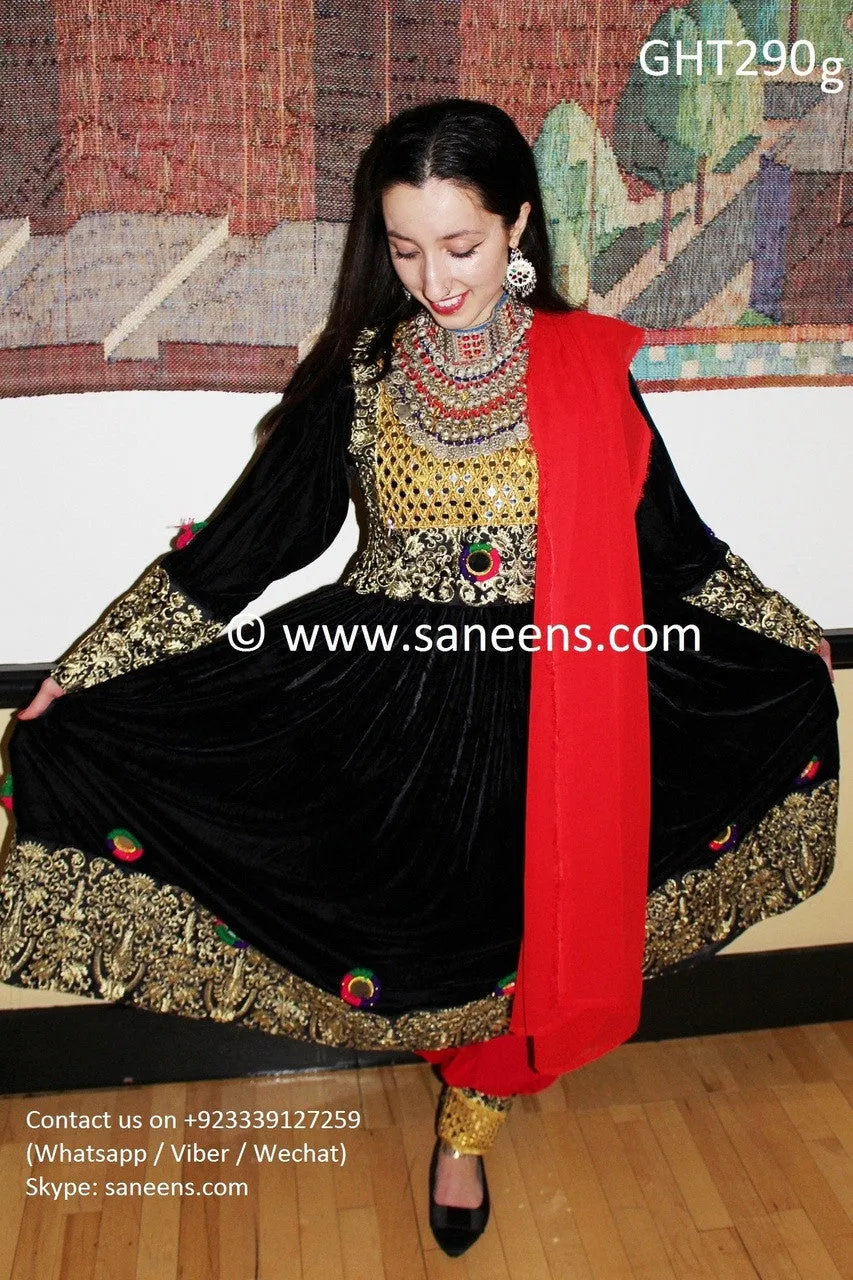 Afghan Clothes In Black Velvet With Golden Lace