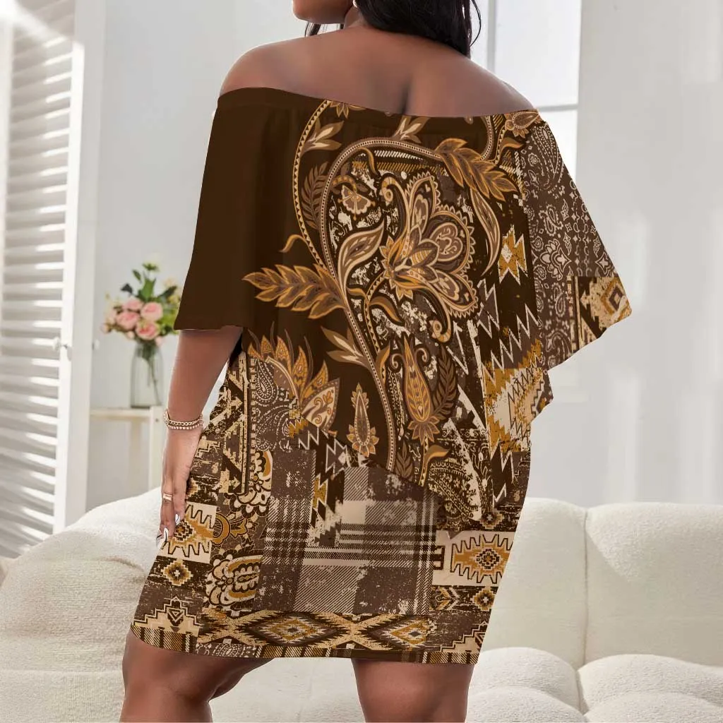 Afro Floral mix Maasai Shuka Off Shoulder Short Dress Gold Moitf LT9