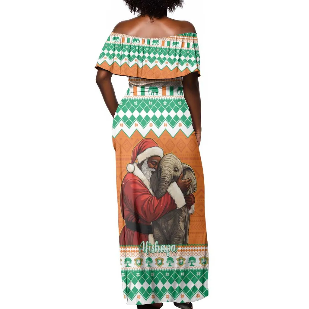 Afro Ivory Coast Christmas Off Shoulder Maxi Dress Black Santa Afishapa - African Pattern LT15