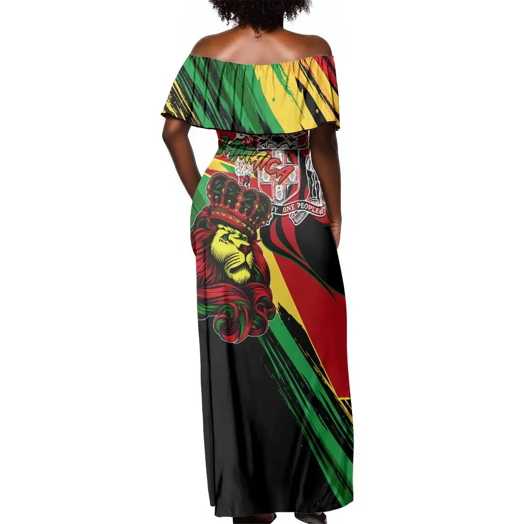 Afro Jamaica Lion Off Shoulder Maxi Dress Coat Of Arms Rastafarianism DT02