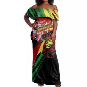 Afro Jamaica Lion Off Shoulder Maxi Dress Coat Of Arms Rastafarianism DT02