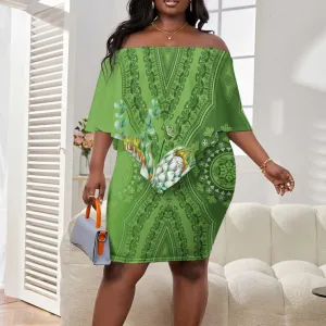 Afro King Proteas Dashiki Motif Off Shoulder Short Dress Green Style LT9