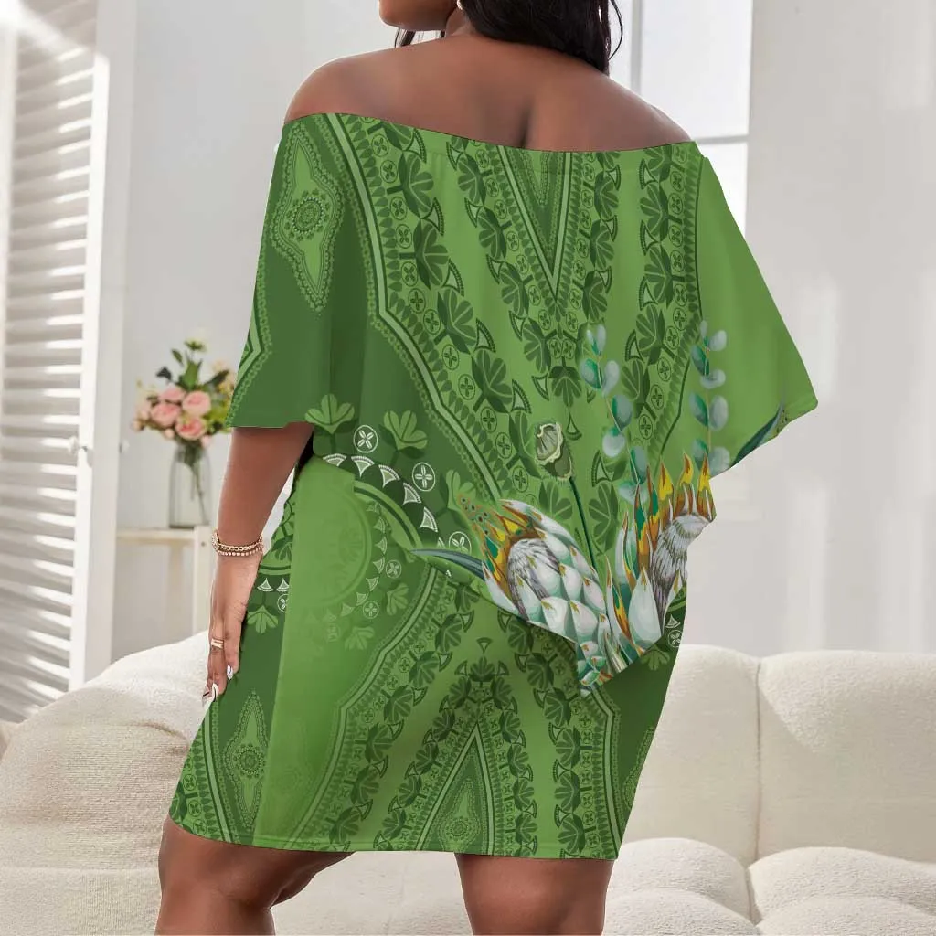 Afro King Proteas Dashiki Motif Off Shoulder Short Dress Green Style LT9