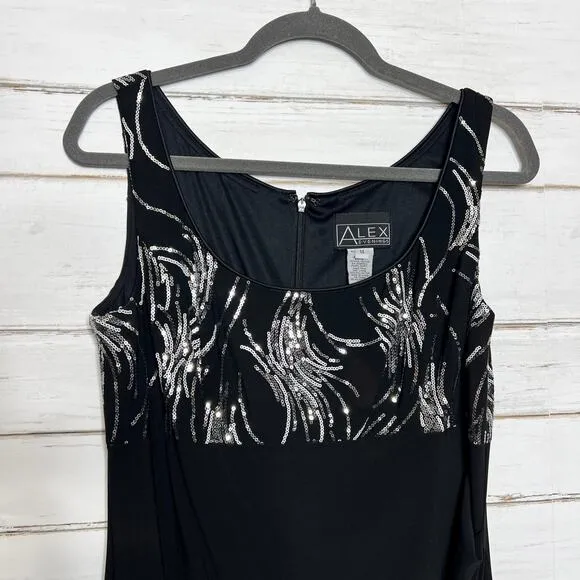 Alex Evening Black Silver Sequin Maxi Dress Size 14