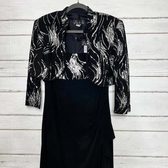 Alex Evening Black Silver Sequin Maxi Dress Size 14