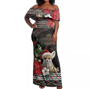 Algeria Christmas Personalized Off Shoulder Maxi Dress Fennec Fox Santa and Traditional Pattern LT9