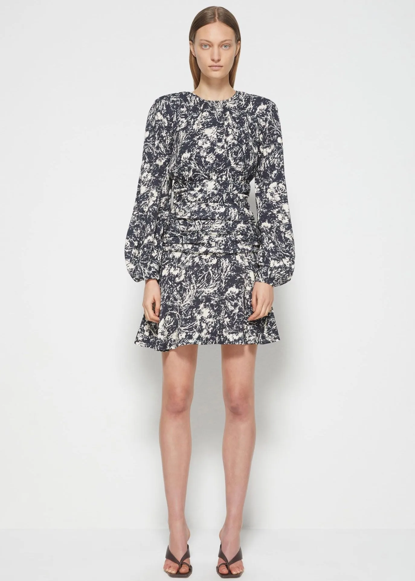 Anastasia L/S Square Neck Ruched Mini Dress (Black Flora Fauna)