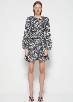 Anastasia L/S Square Neck Ruched Mini Dress (Black Flora Fauna)