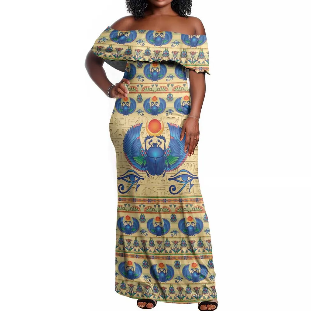 Ancient Egypt Scarab Beetle Off Shoulder Maxi Dress LT9