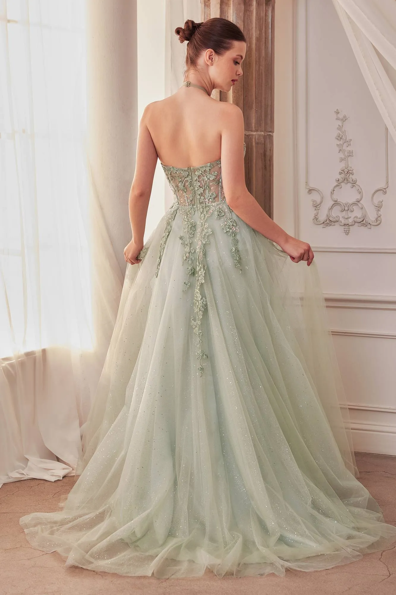 Andrea & Leo A1236 Long A-Line Halter Layered Glitter Tulle Dress