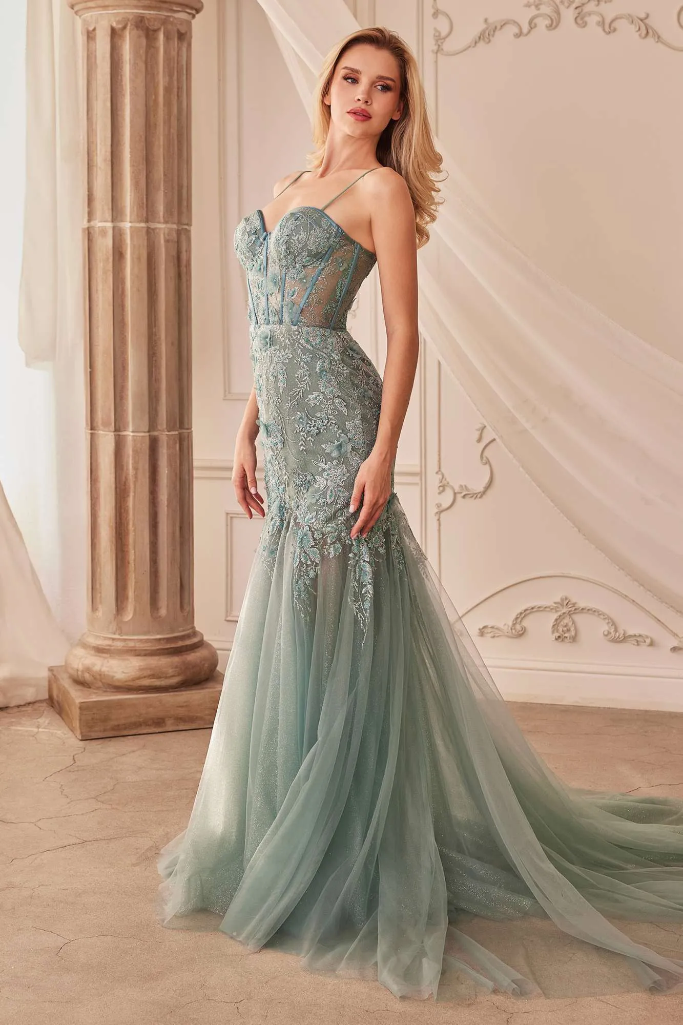 Andrea & Leo A1236 Long A-Line Halter Layered Glitter Tulle Dress
