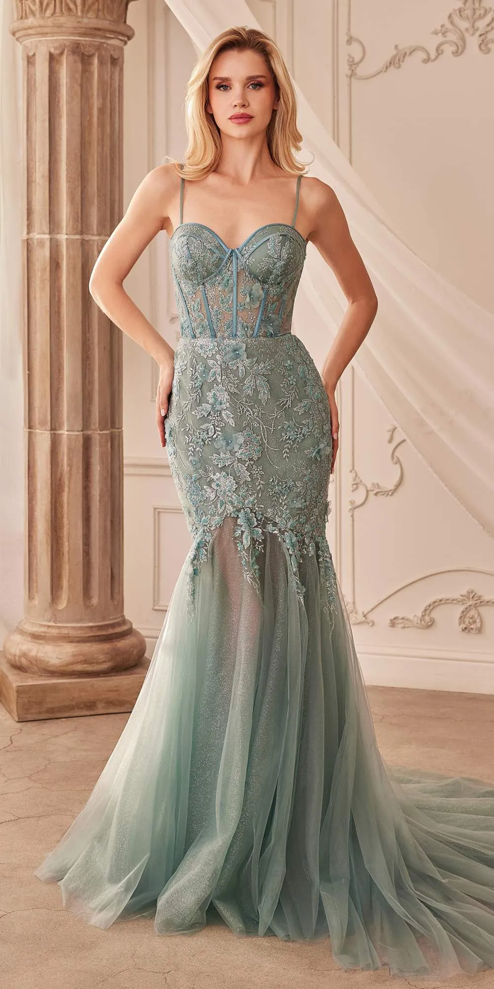 Andrea & Leo A1236 Long A-Line Halter Layered Glitter Tulle Dress