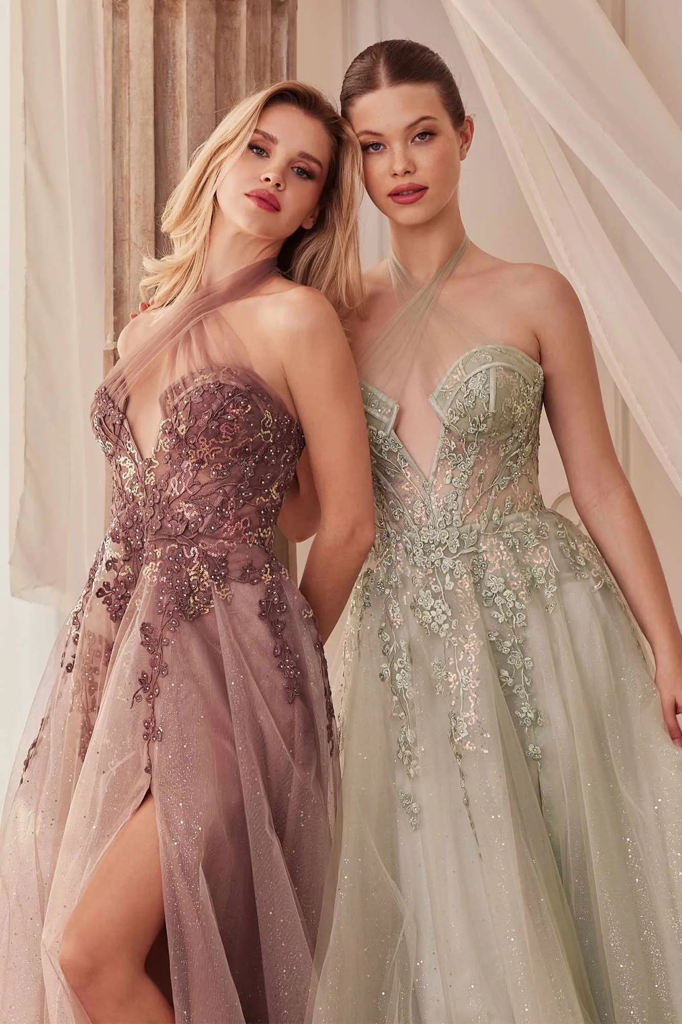 Andrea & Leo A1236 Long A-Line Halter Layered Glitter Tulle Dress
