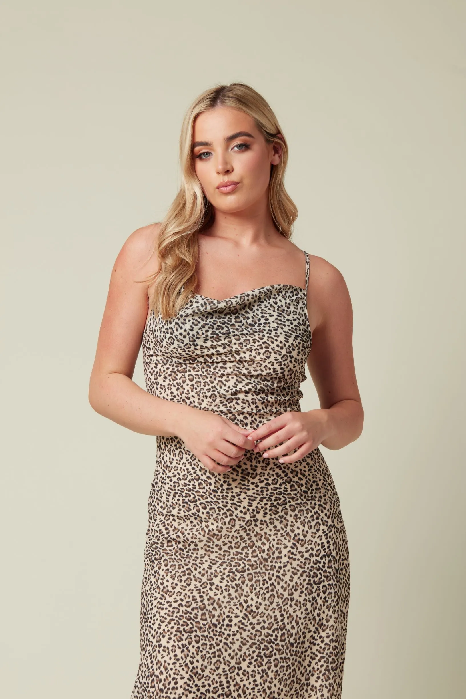 Animal print bias cut maxi with cowl neck