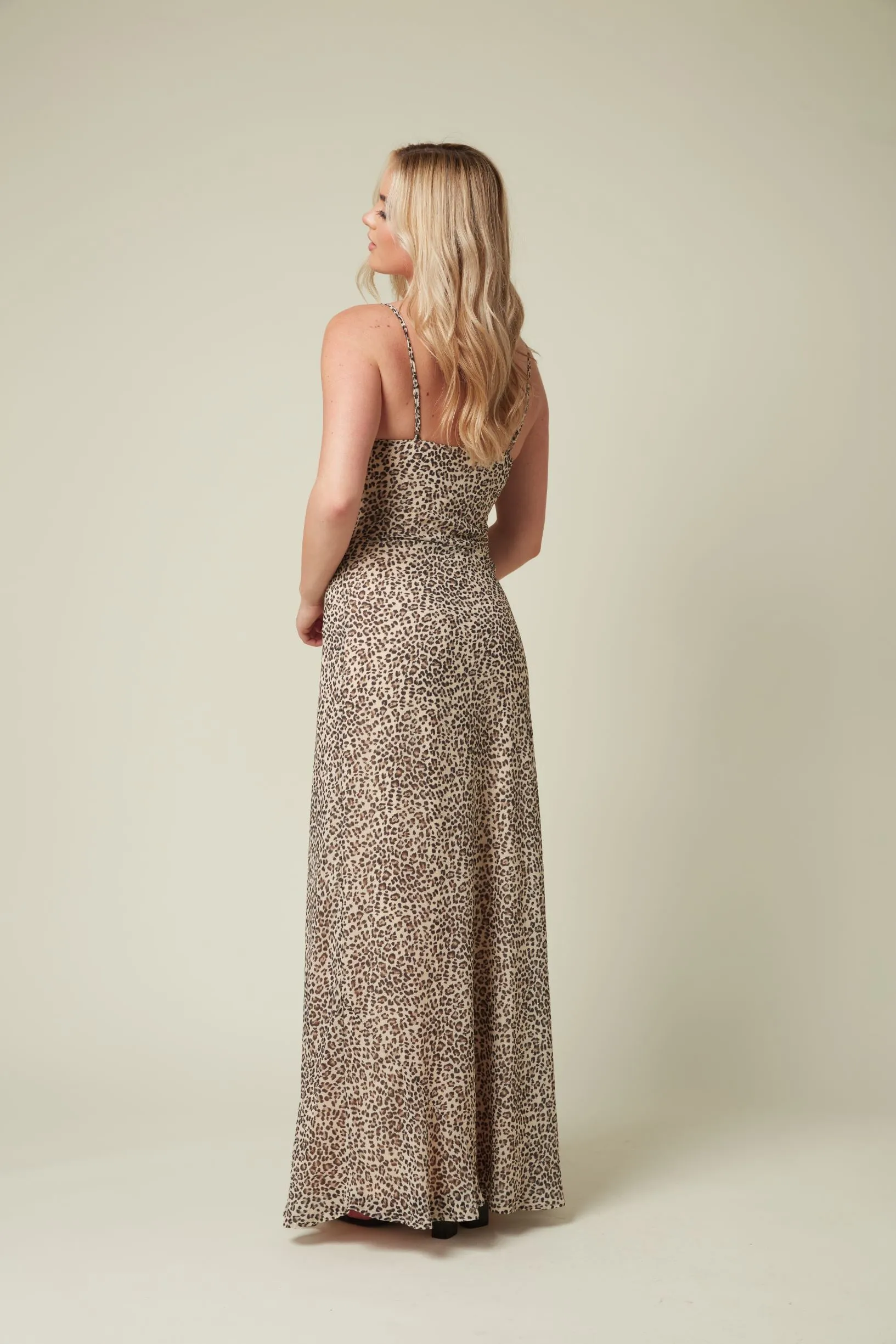 Animal print bias cut maxi with cowl neck