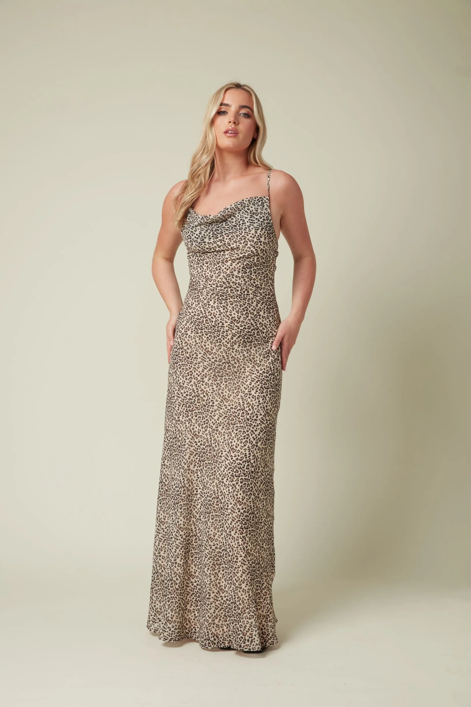 Animal print bias cut maxi with cowl neck