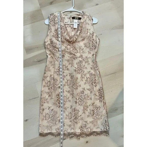 Anthropologie Eva Franco NWT Apricot Gold Metallic Floral Lace Drape Front Dress