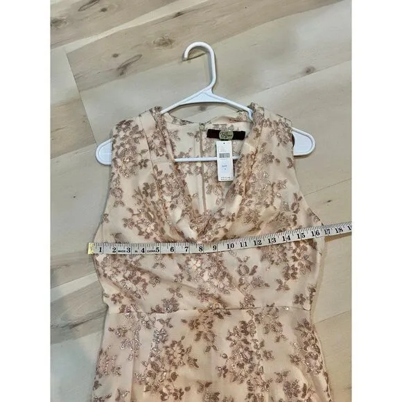 Anthropologie Eva Franco NWT Apricot Gold Metallic Floral Lace Drape Front Dress
