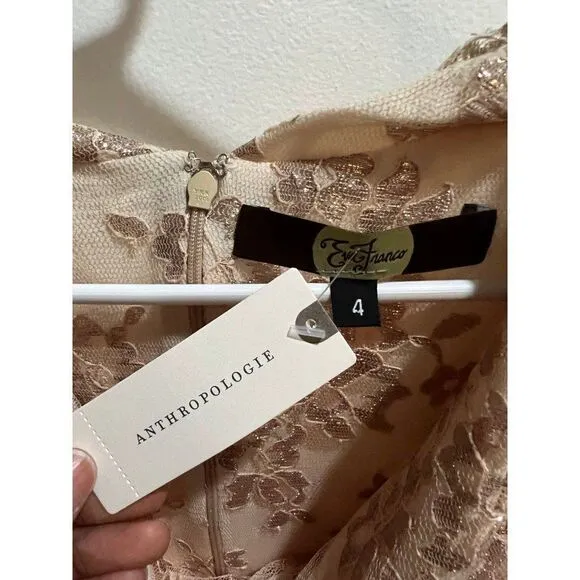 Anthropologie Eva Franco NWT Apricot Gold Metallic Floral Lace Drape Front Dress