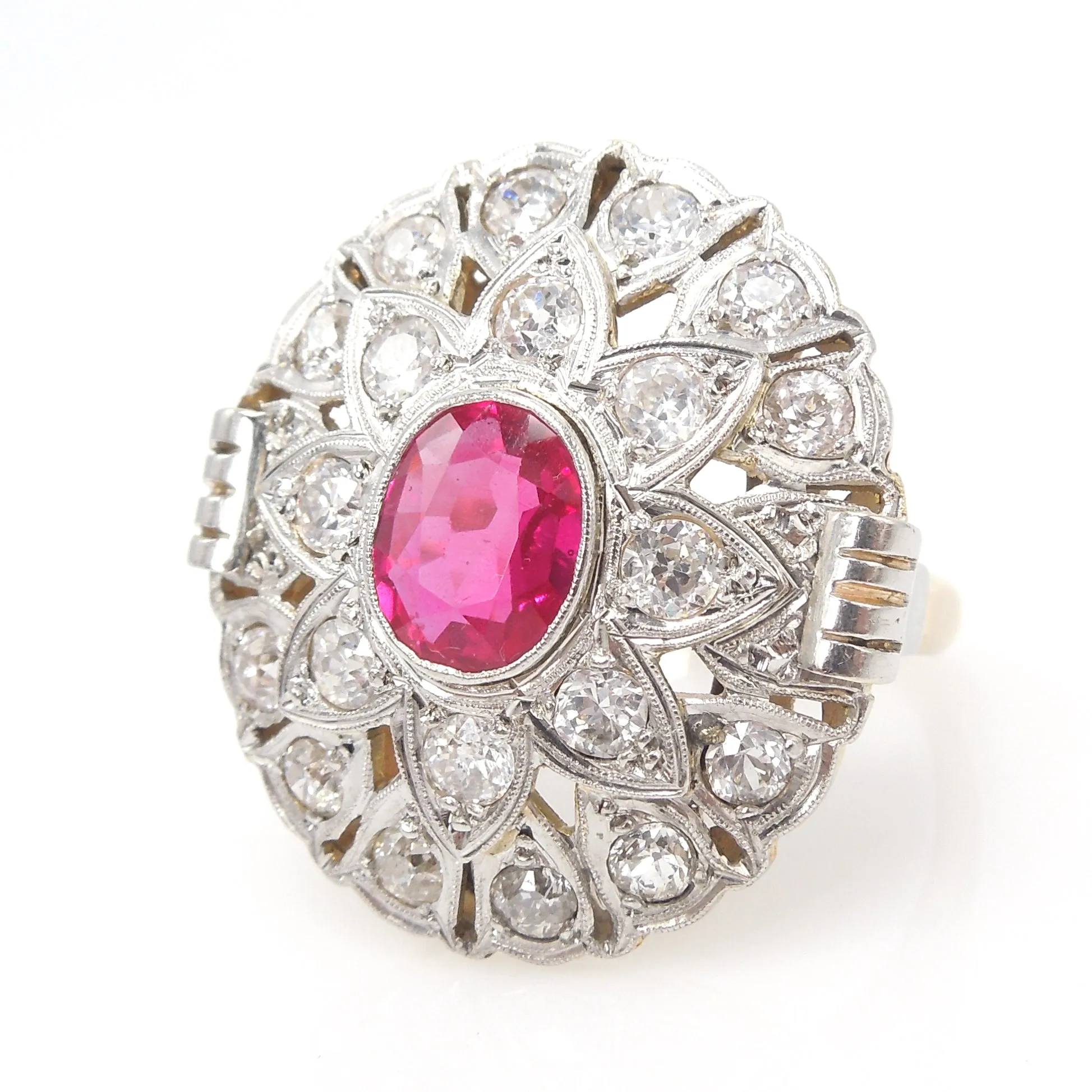 Antique Art Deco Diamond and Ruby Cocktail Ring in Platinum and Yellow Gold