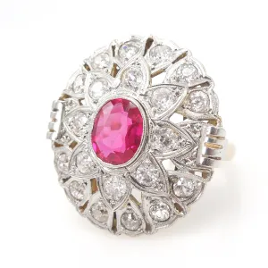 Antique Art Deco Diamond and Ruby Cocktail Ring in Platinum and Yellow Gold