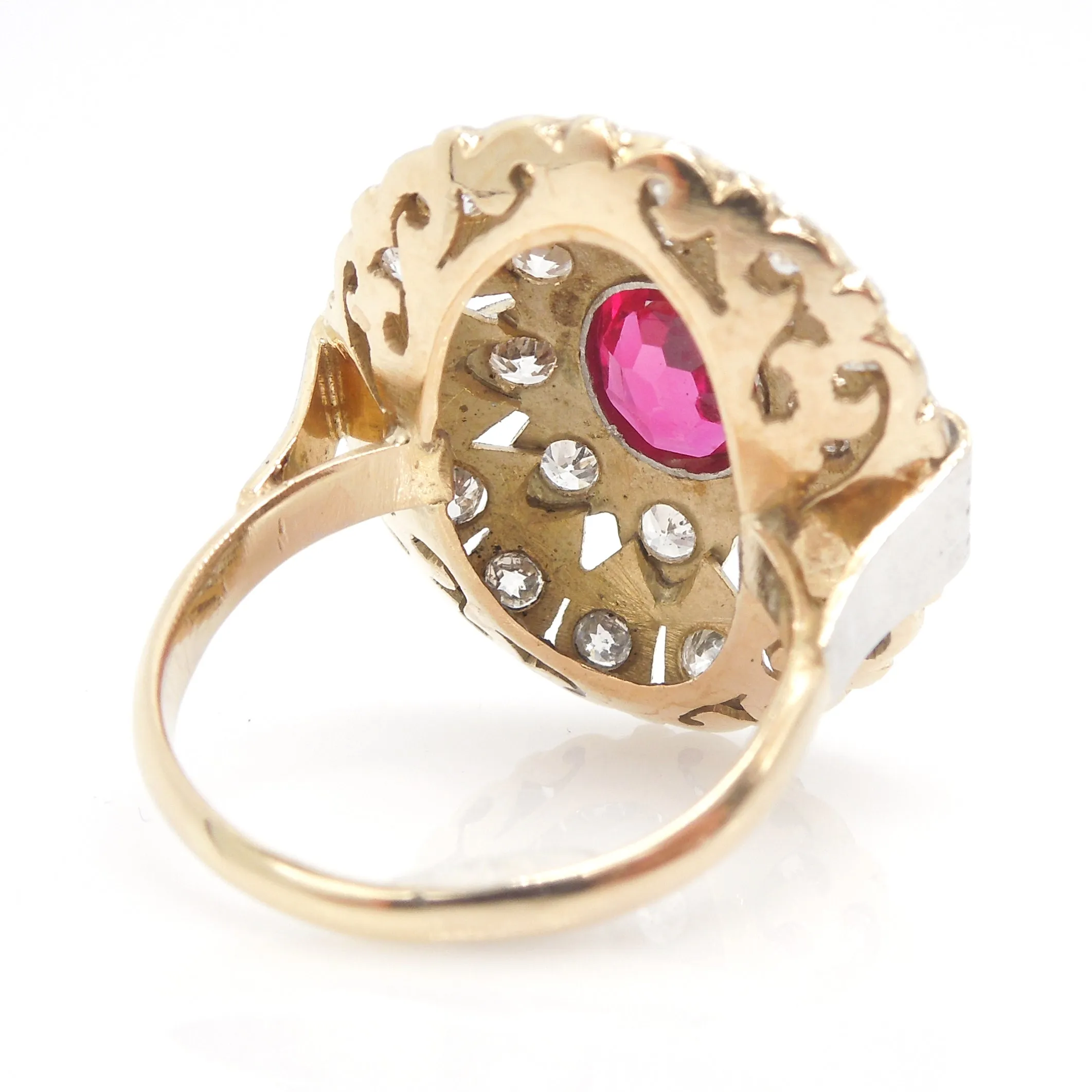 Antique Art Deco Diamond and Ruby Cocktail Ring in Platinum and Yellow Gold
