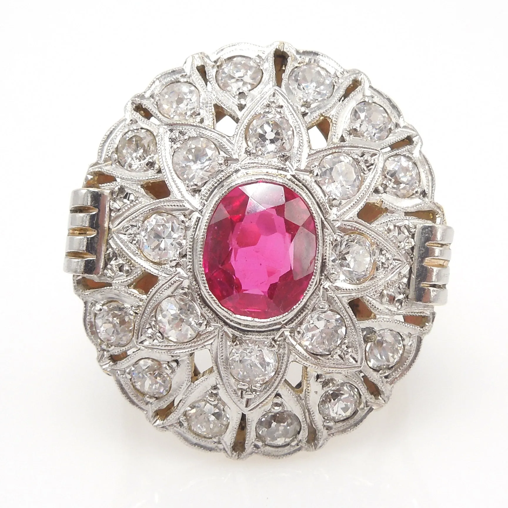 Antique Art Deco Diamond and Ruby Cocktail Ring in Platinum and Yellow Gold