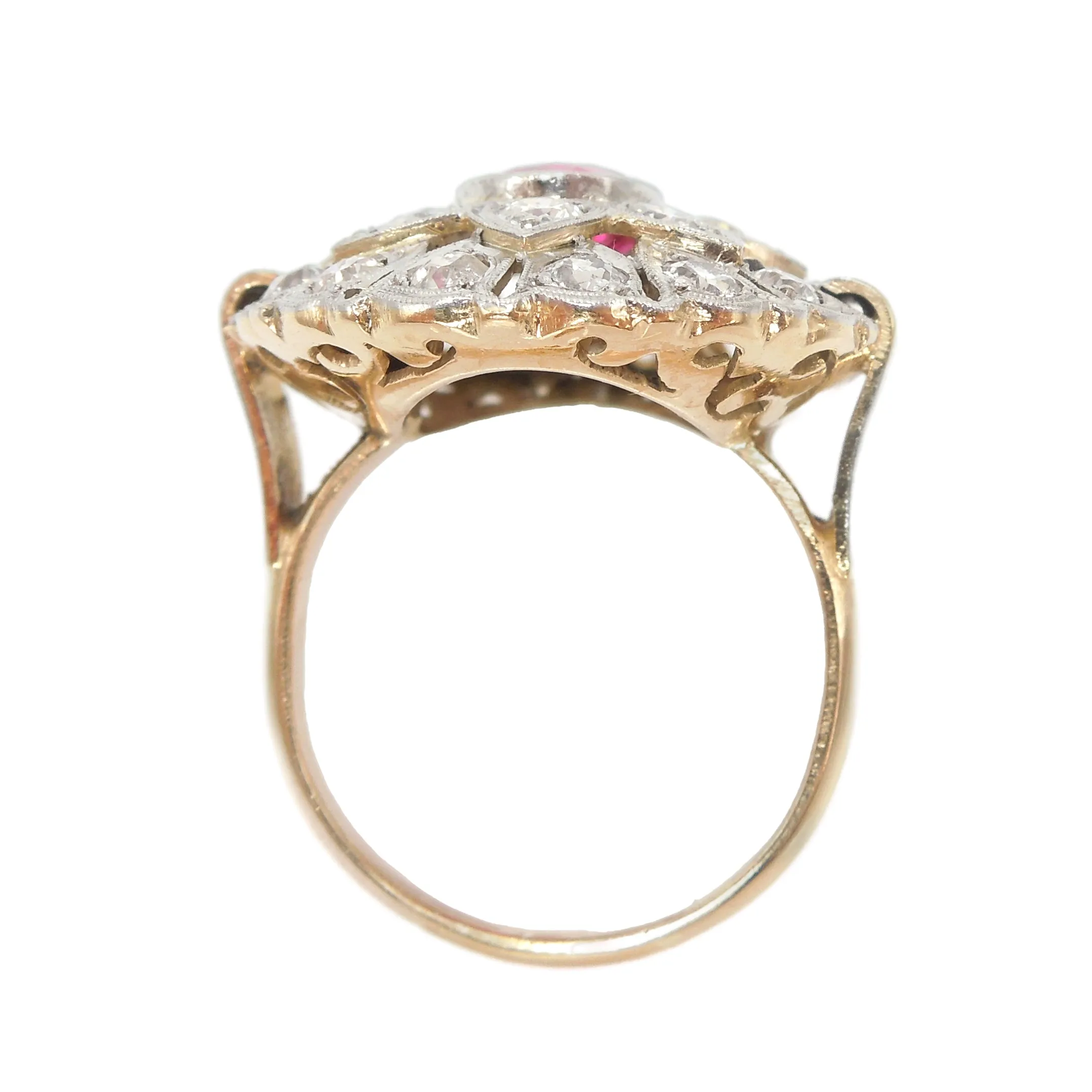 Antique Art Deco Diamond and Ruby Cocktail Ring in Platinum and Yellow Gold