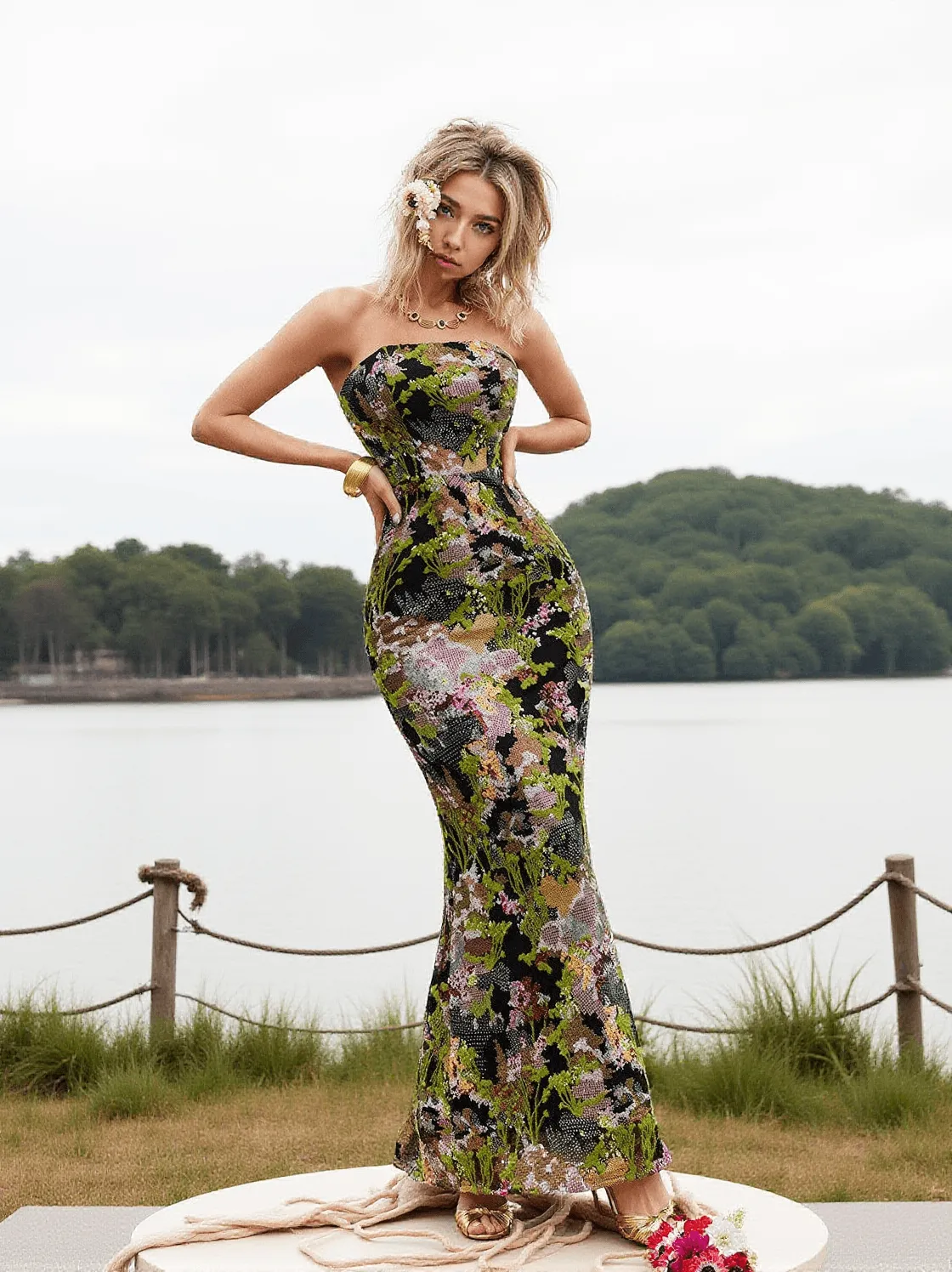 Asa Strapless Floral Sequin Maxi Dress