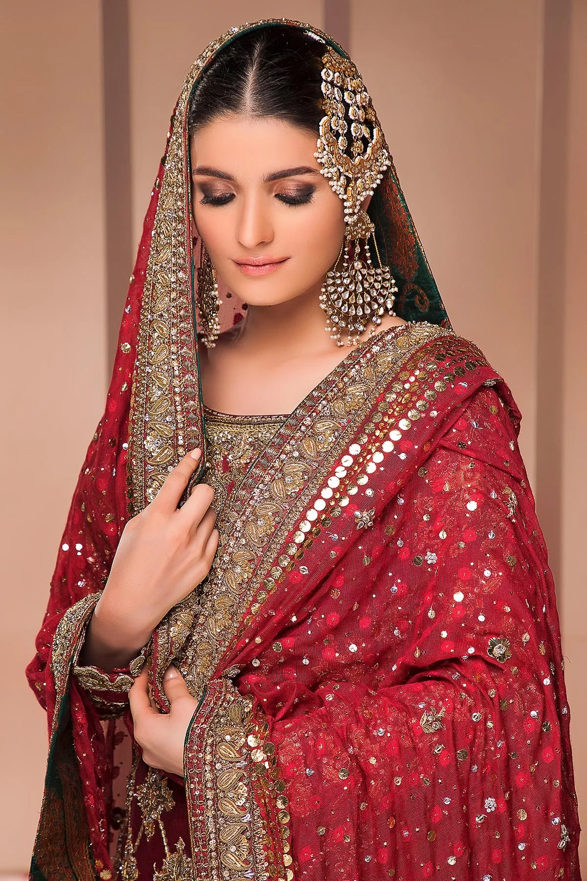 Asian Heavy Bridal Outfit in Deep Red Color #Y2086