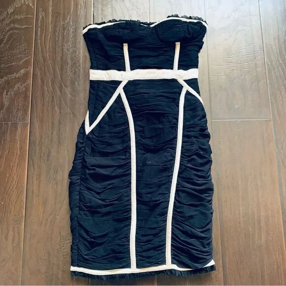 ASOS Vintage Black &amp; Ivory Ruche Bodycon Strapless Cocktail/Wedding Guest Dress