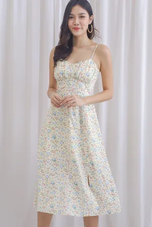 Avielle Ruched Bust Buttons Slit Dress In Yellow
