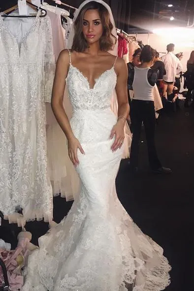 Backless Mermaid Lace Wedding Dresses with Double Straps