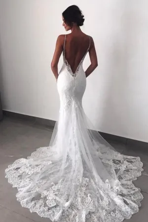 Backless Mermaid Lace Wedding Dresses with Double Straps